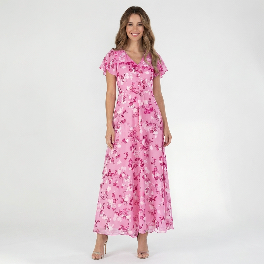 Floral V-Neck Maxi Dress | Flutter Sleeves, Flowy Fit & Elegant Summer Style