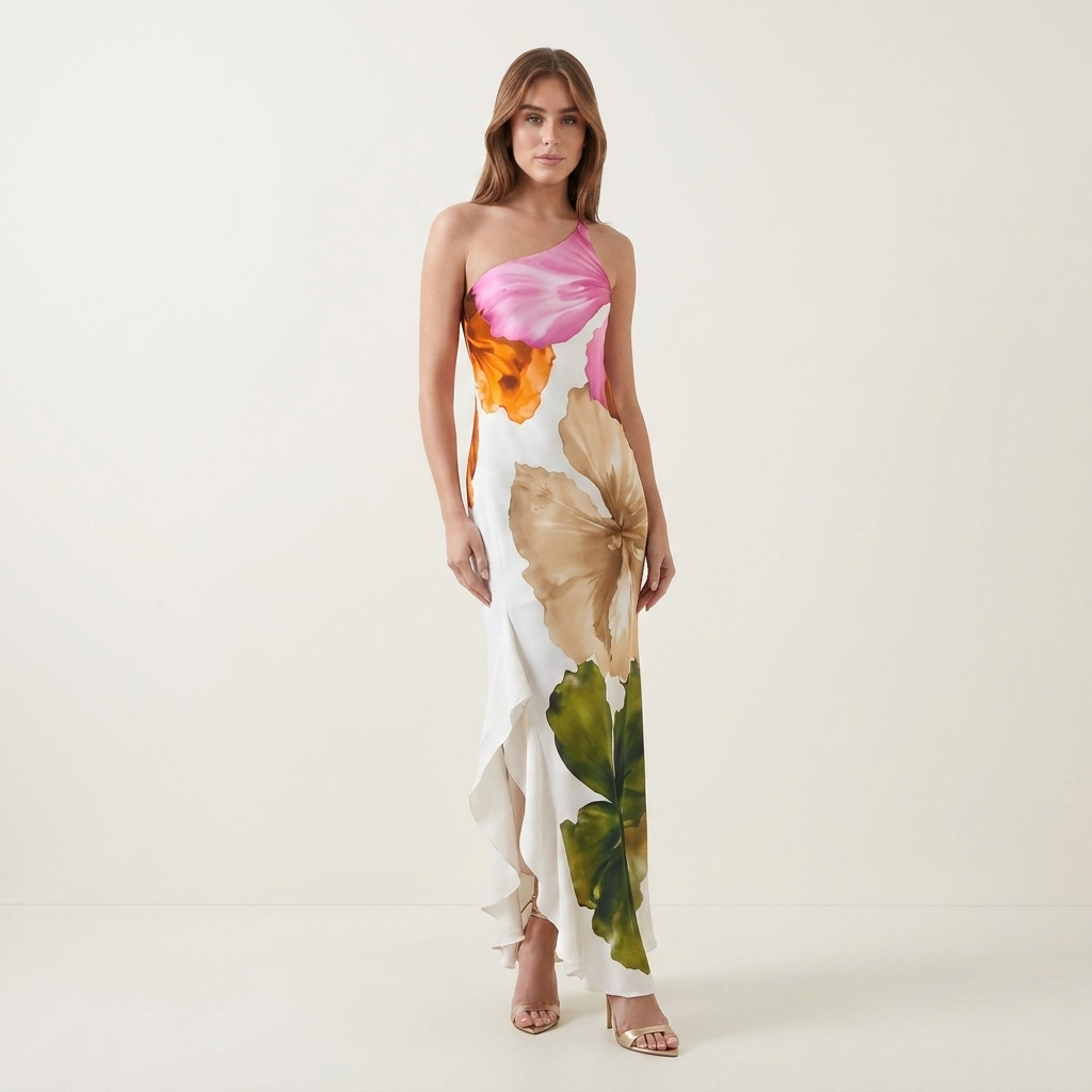 One-Shoulder Floral Maxi Dress | Sculpted Neckline, Flowing Fit & Statement Summer Print