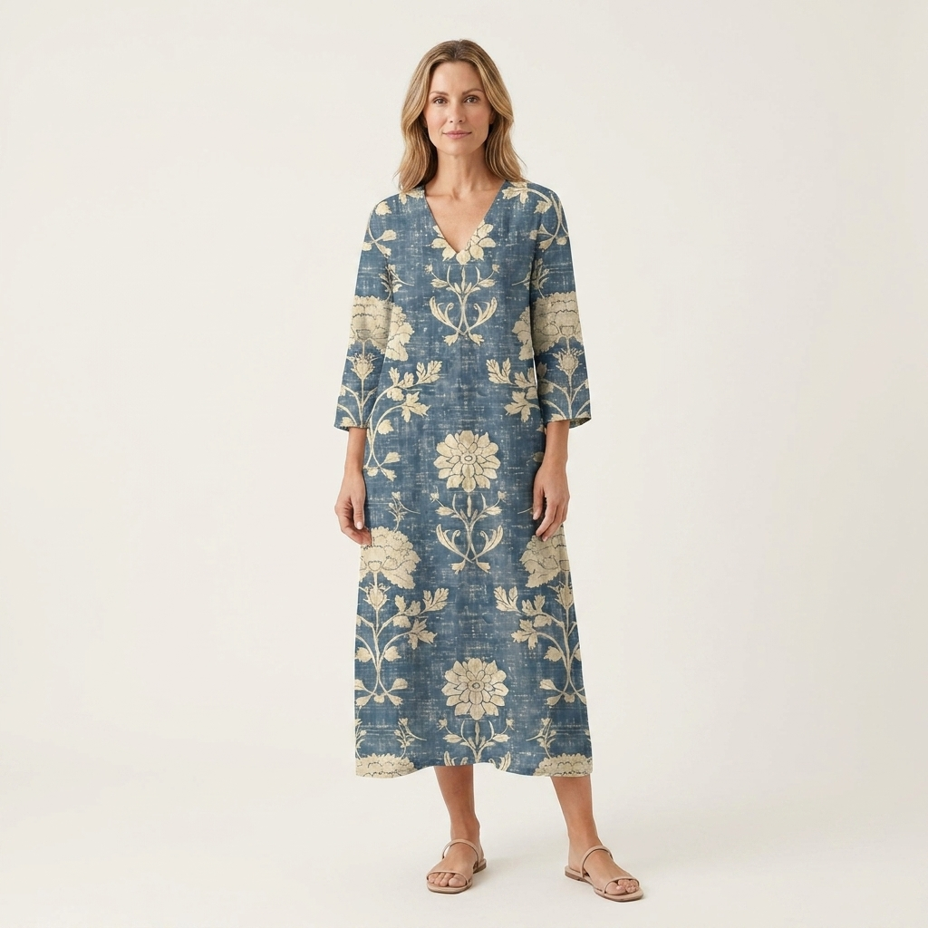 Blue Botanical Midi Dress | V-Neck, Long Sleeves & Relaxed Coastal Fit