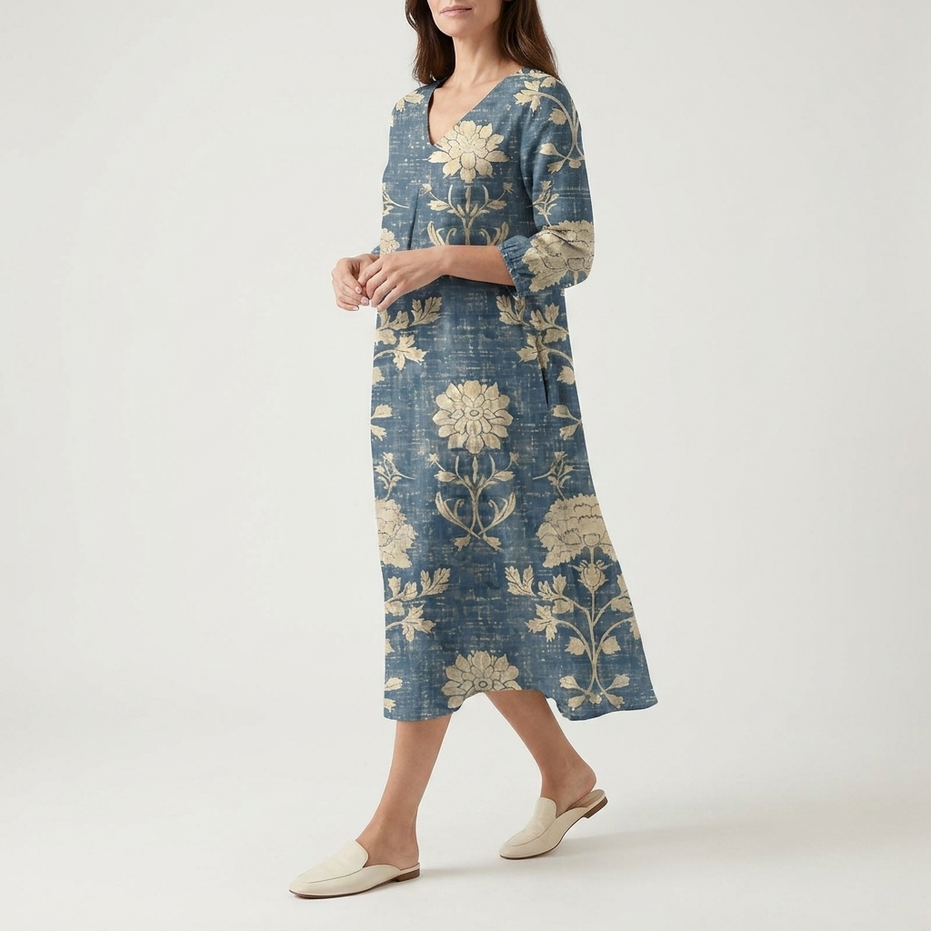 Blue Botanical Midi Dress | V-Neck, Long Sleeves & Relaxed Coastal Fit