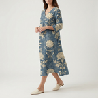 Blue Botanical Midi Dress | V-Neck, Long Sleeves & Relaxed Coastal Fit