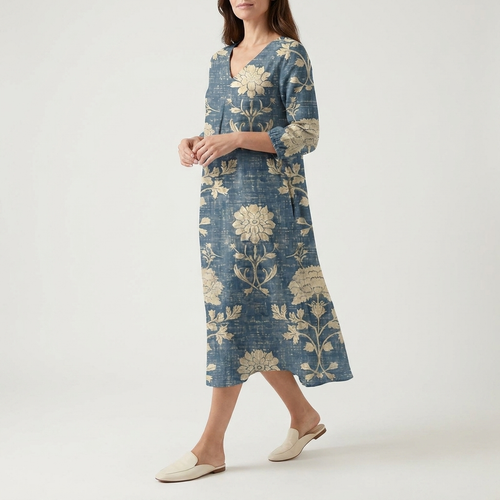 Blue Botanical Midi Dress | V-Neck, Long Sleeves & Relaxed Coastal Fit
