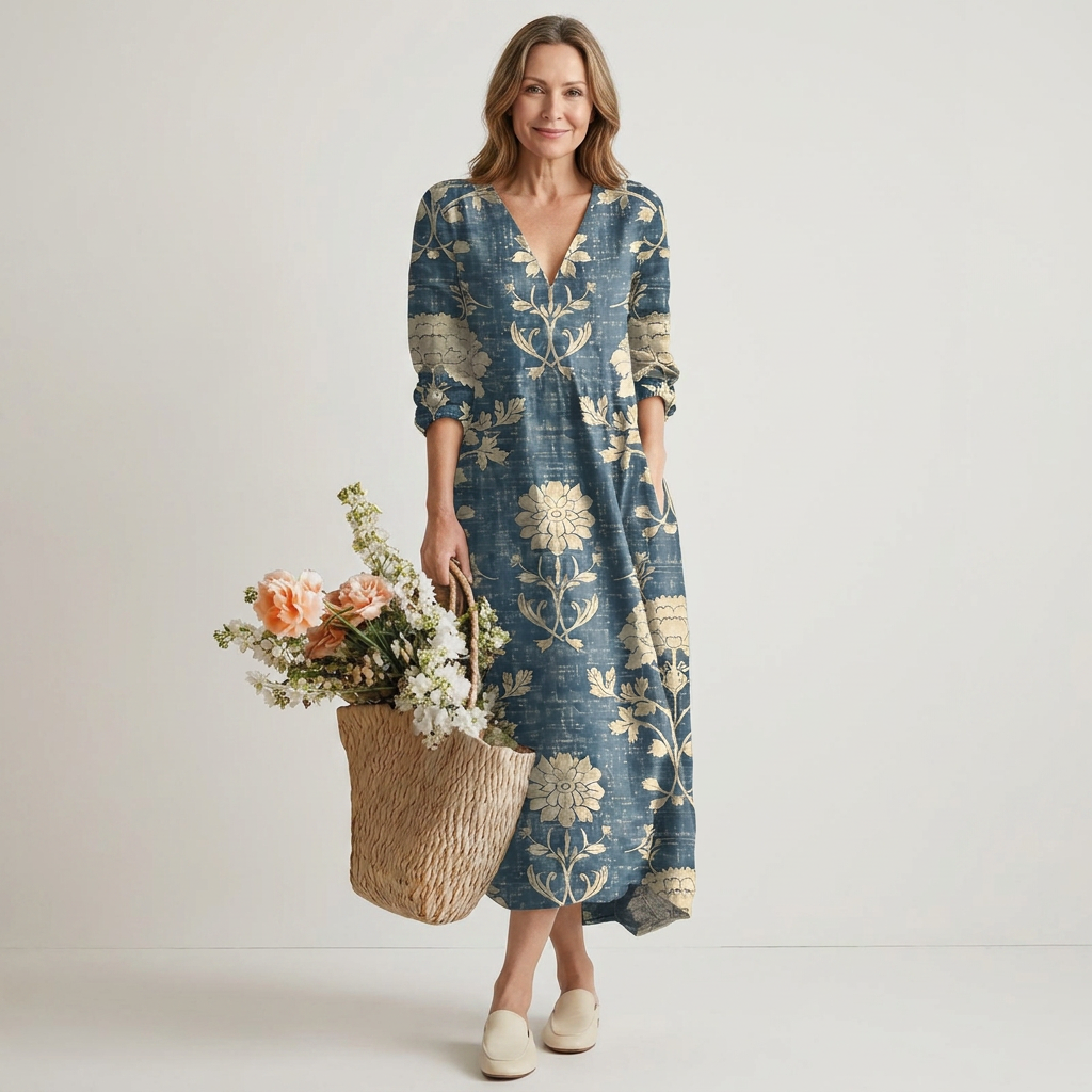 Blue Botanical Midi Dress | V-Neck, Long Sleeves & Relaxed Coastal Fit
