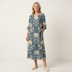 Blue Botanical Midi Dress | V-Neck, Long Sleeves & Relaxed Coastal Fit