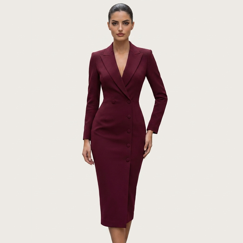 Tailored Blazer Midi Dress | Structured Fit, Deep Lapel & Elegant Button Detail