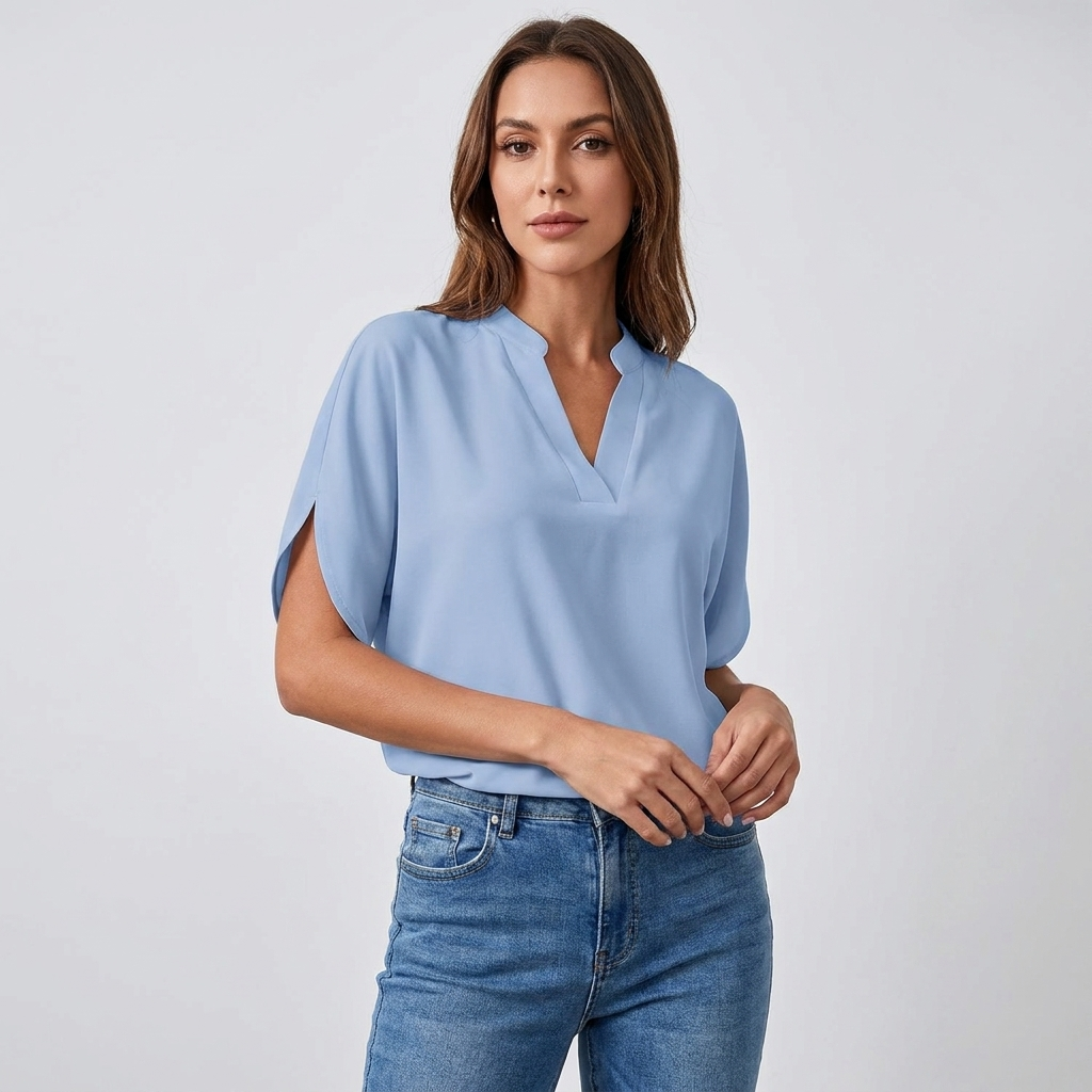 Soft V-Neck Blouse | Draped Sleeves, Relaxed Fit & Polished Everyday Style