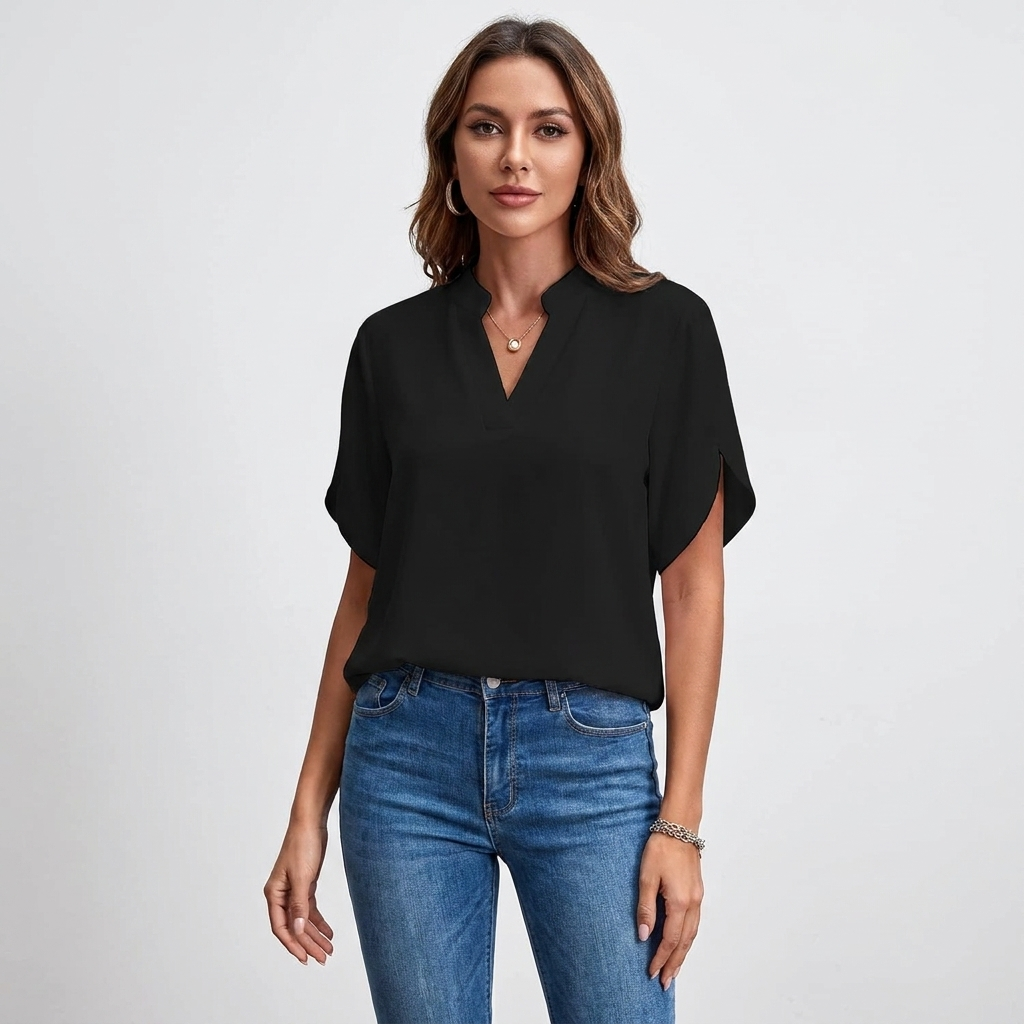 Soft V-Neck Blouse | Draped Sleeves, Relaxed Fit & Polished Everyday Style