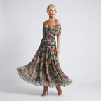 Off-Shoulder Watercolor Maxi Dress | Draped Neckline, Flowing Skirt & Elegant Occasion Style