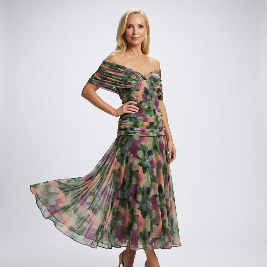Off-Shoulder Watercolor Maxi Dress | Draped Neckline, Flowing Skirt & Elegant Occasion Style