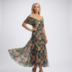 Off-Shoulder Watercolor Maxi Dress | Draped Neckline, Flowing Skirt & Elegant Occasion Style