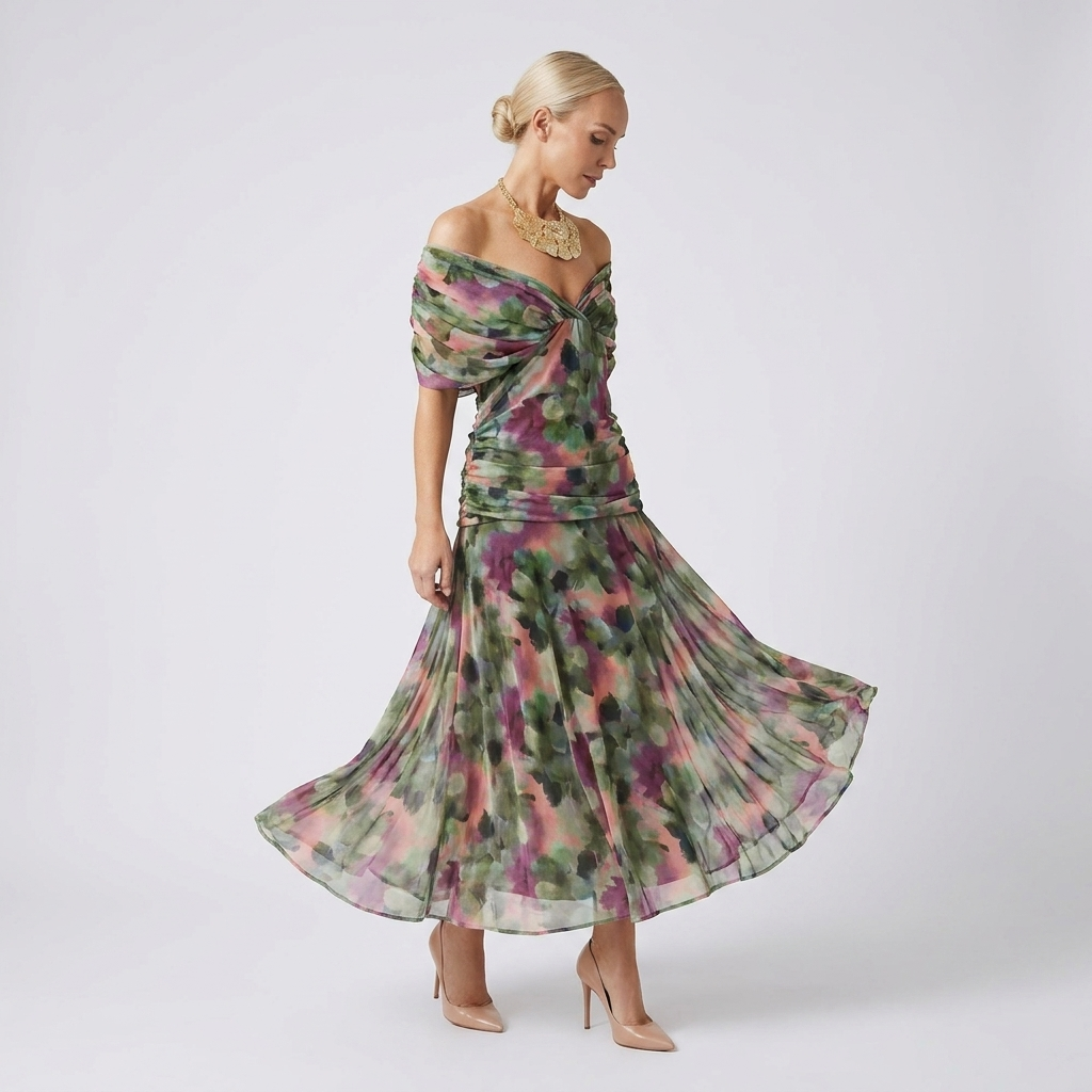 Off-Shoulder Watercolor Maxi Dress | Draped Neckline, Flowing Skirt & Elegant Occasion Style