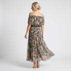 Off-Shoulder Watercolor Maxi Dress | Draped Neckline, Flowing Skirt & Elegant Occasion Style