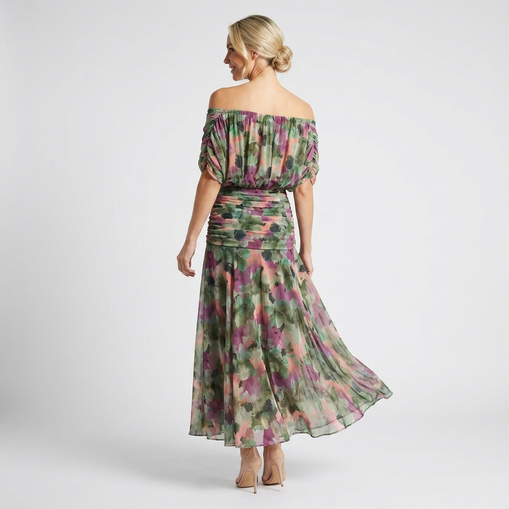 Off-Shoulder Watercolor Maxi Dress | Draped Neckline, Flowing Skirt & Elegant Occasion Style