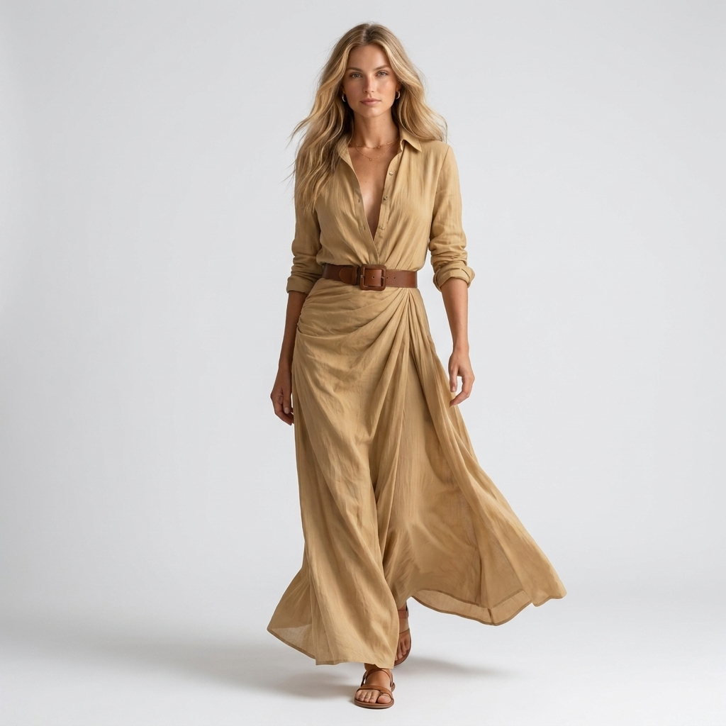 Belted Maxi Shirt Dress | Lapel Collar & Flowy Skirt