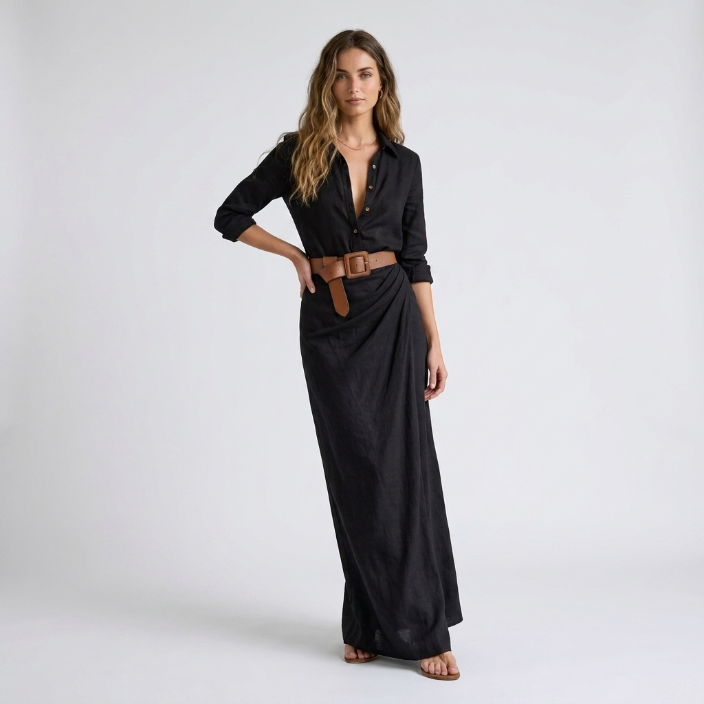 Belted Maxi Shirt Dress | Lapel Collar & Flowy Skirt