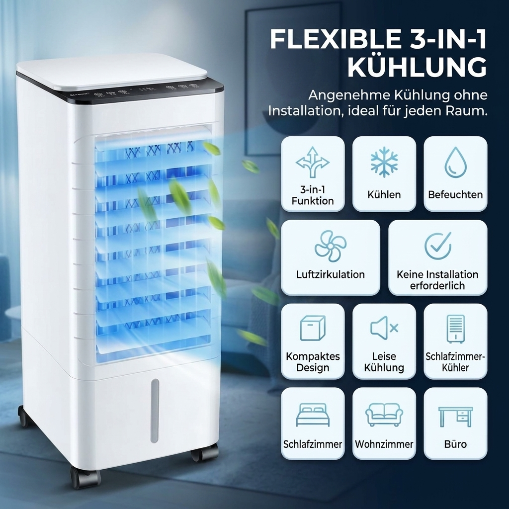 Evaporative Cooler 3-in-1 – Cools, Humidifies and Circulates on Castors