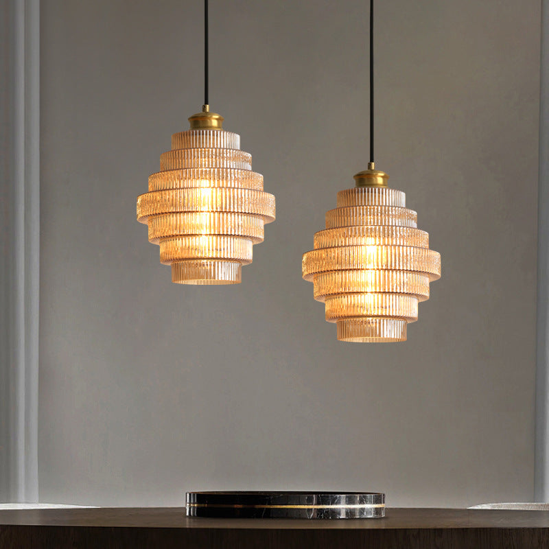 Ribbed Glass Pendant Light – Tiered Hanging Ceiling Lamp with Brass-Tone Finish