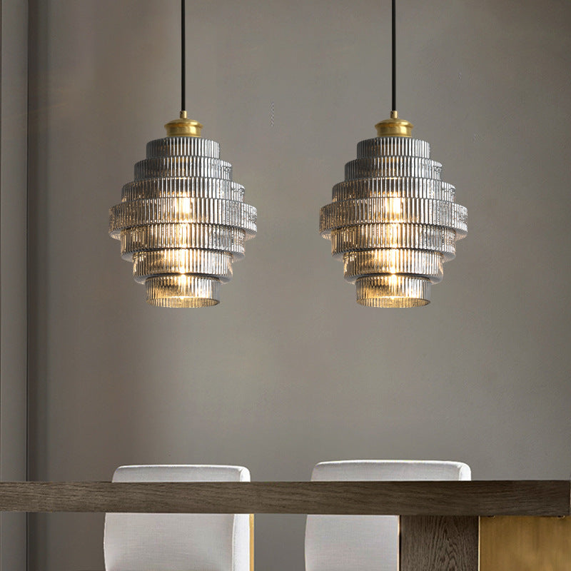 Ribbed Glass Pendant Light – Tiered Hanging Ceiling Lamp with Brass-Tone Finish