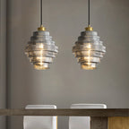 Ribbed Glass Pendant Light – Tiered Hanging Ceiling Lamp with Brass-Tone Finish